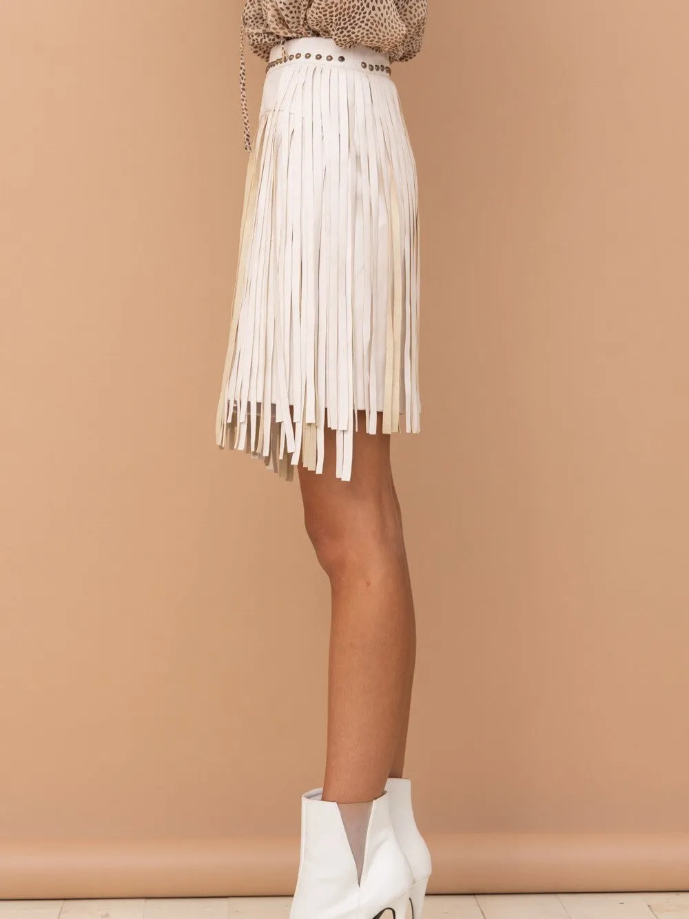 27 Jolene Faux Leather Studded Fringe Mini Skirt