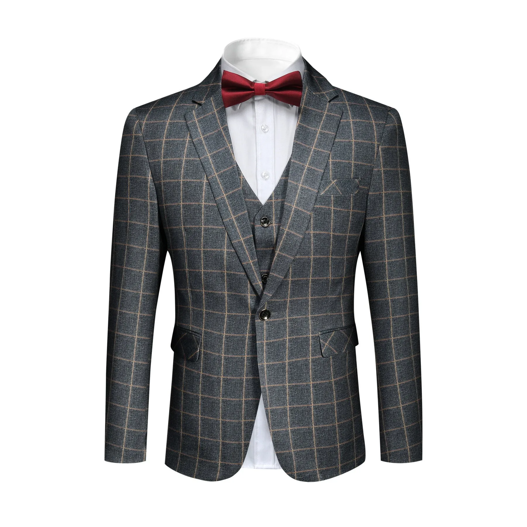 3-Piece Slim Fit Grey Plaid Modern Suit