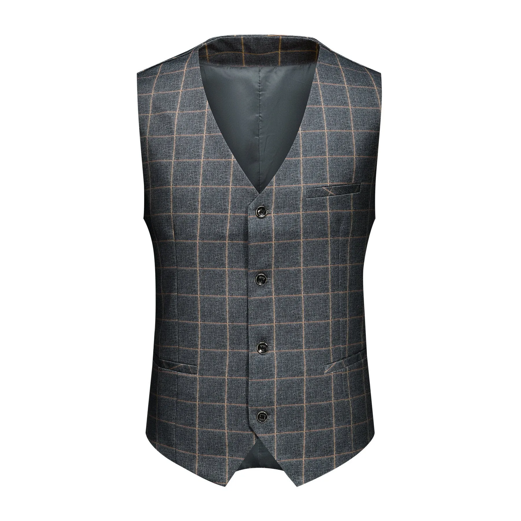 3-Piece Slim Fit Grey Plaid Modern Suit