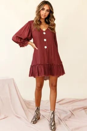 Amala Balloon Sleeve Button Detail Linen Dress Maroon