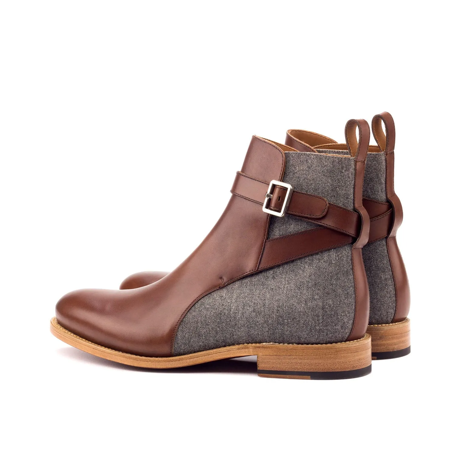 Ambrogio Bespoke Custom Men's Shoes Light Gray & Brown Flannel Fabric / Calf-Skin Leather Jodhpur Boots (AMB2108)