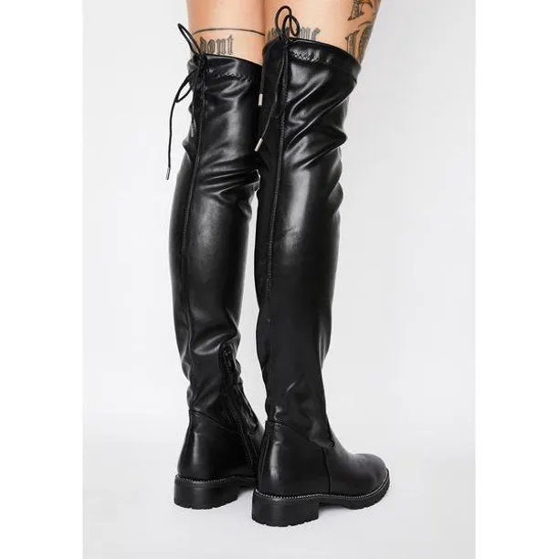 Azalea Wang Uptown Black Vegan Leather Thigh High Stretch Tie Back Fitted Boots