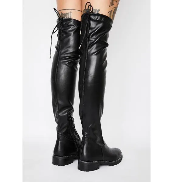 Azalea Wang Uptown Black Vegan Leather Thigh High Stretch Tie Back Fitted Boots