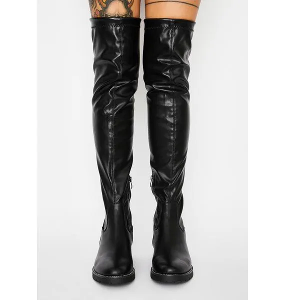 Azalea Wang Uptown Black Vegan Leather Thigh High Stretch Tie Back Fitted Boots