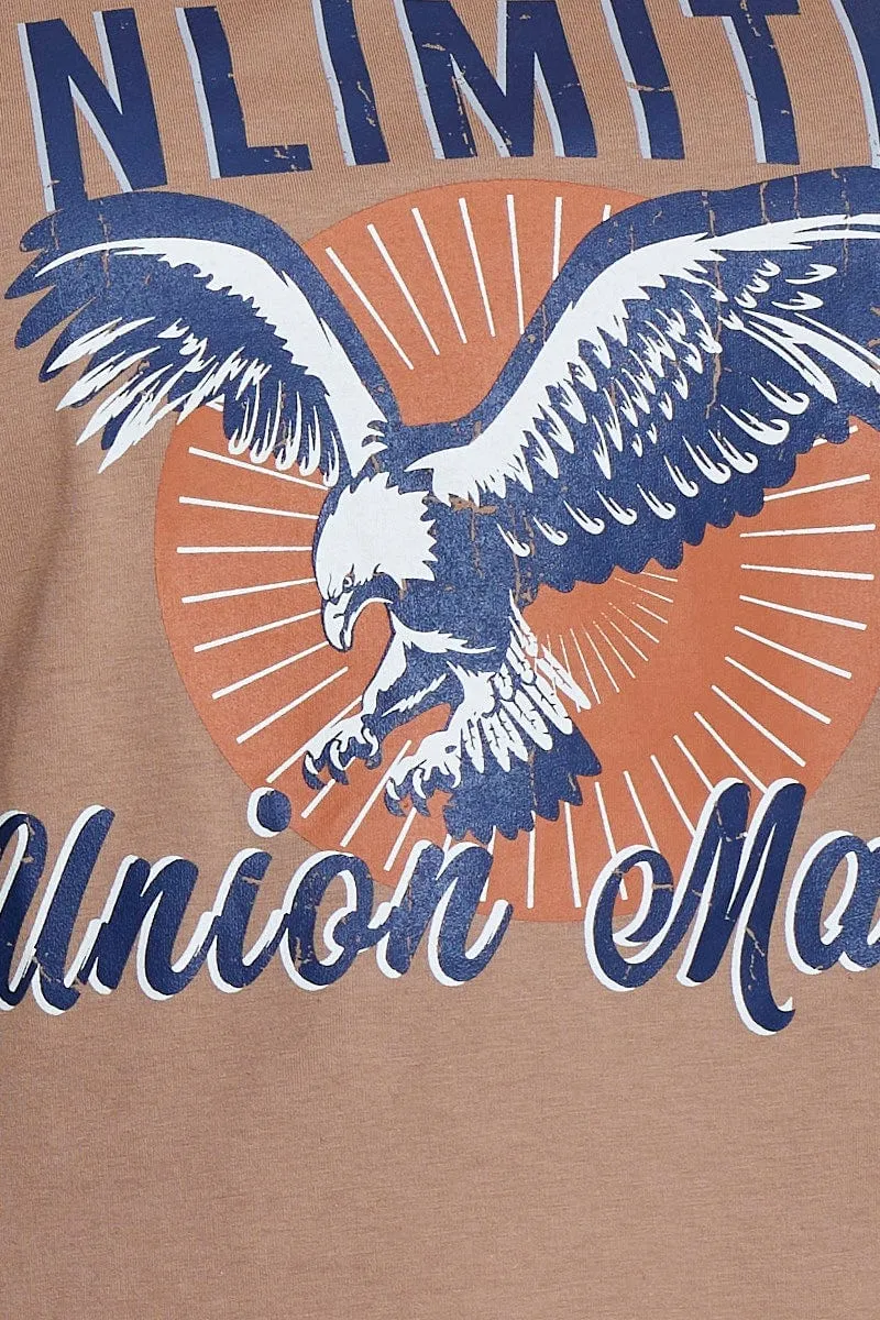 Beige Graphic T-Shirt Eagle Short Sleeve Cotton