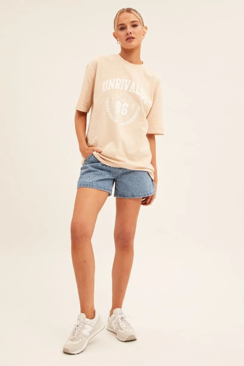 Beige Graphic T Shirt Short Sleeve Crew Neck