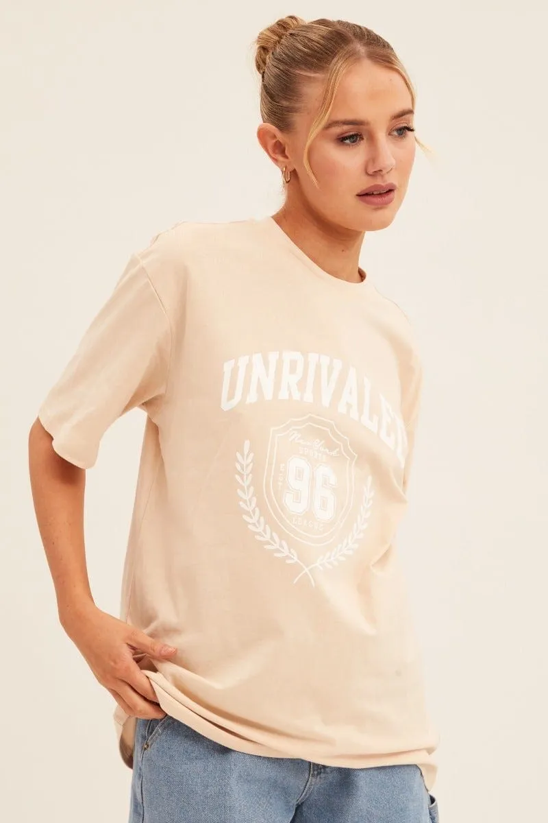 Beige Graphic T Shirt Short Sleeve Crew Neck