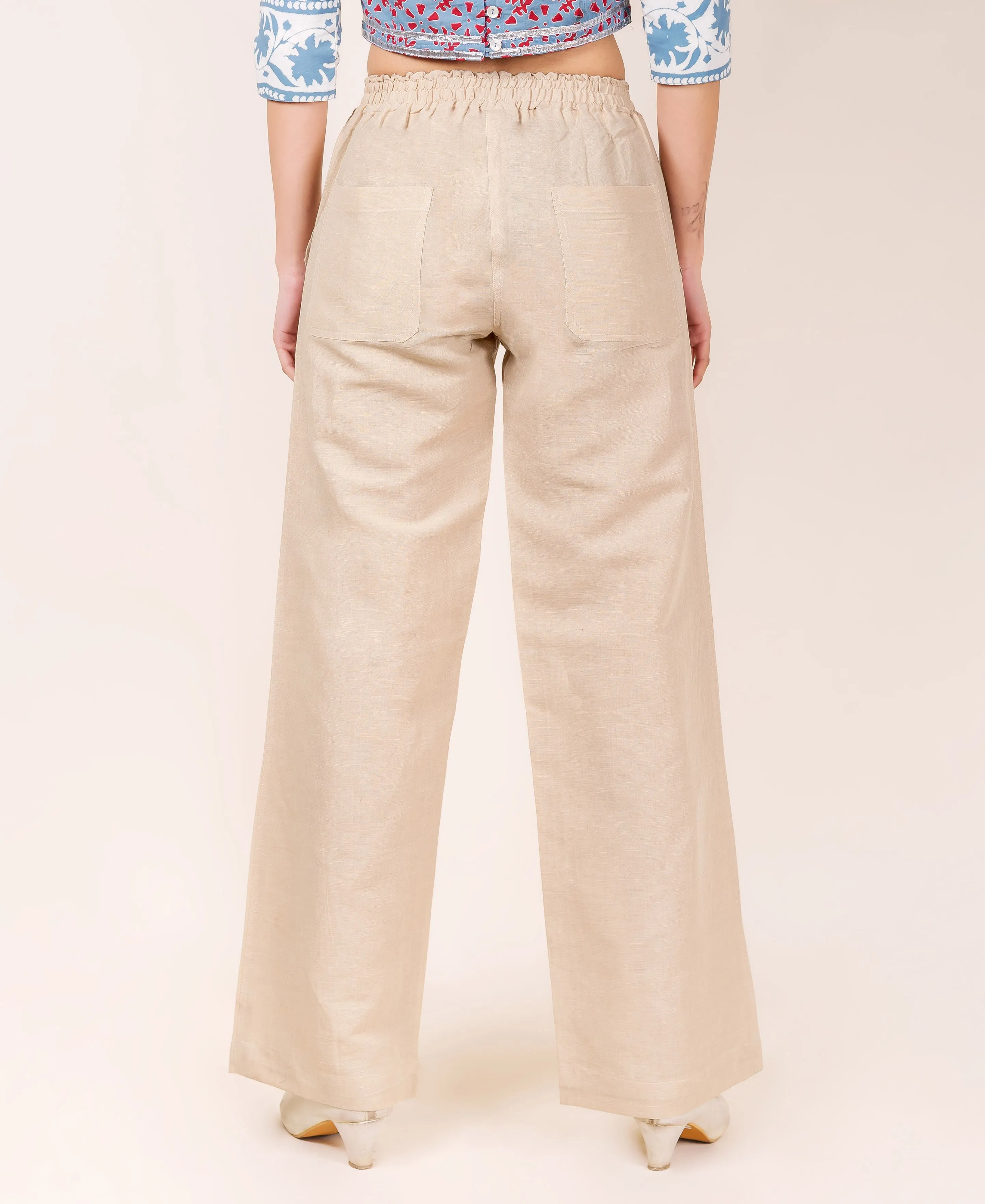 Beige Linen Solid Pants