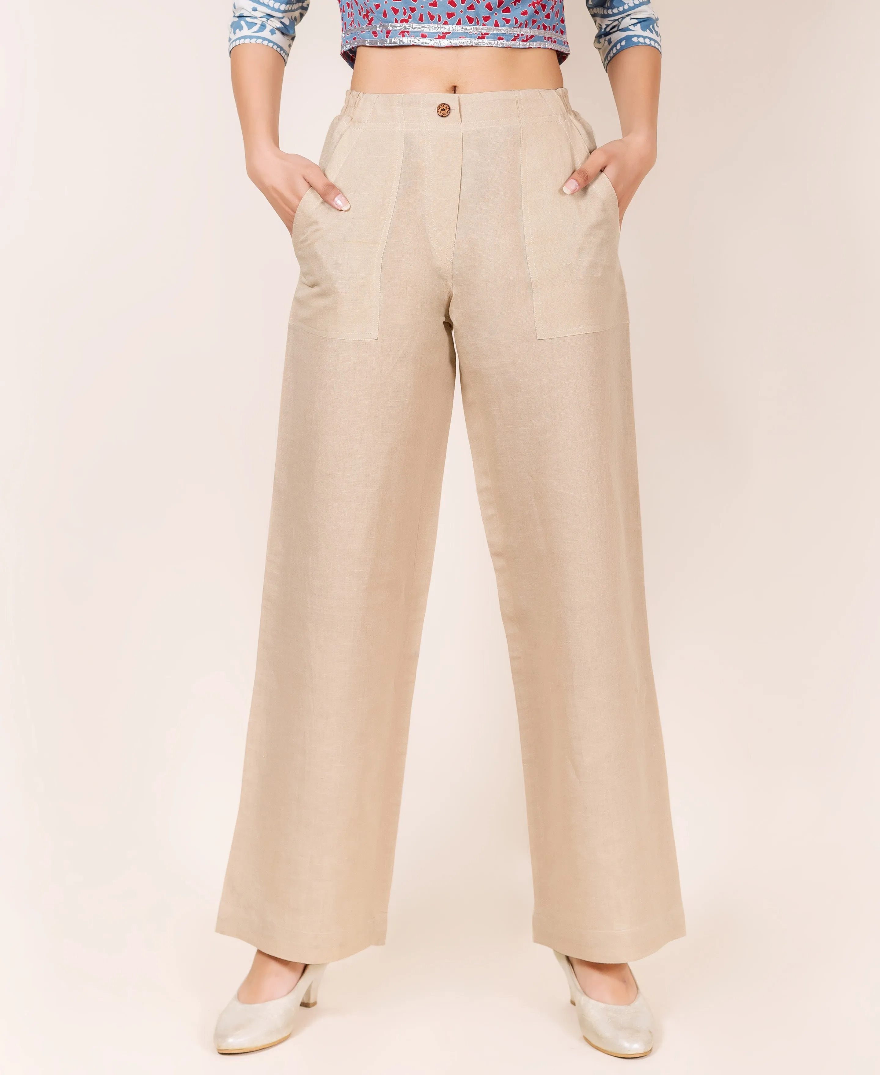 Beige Linen Solid Pants