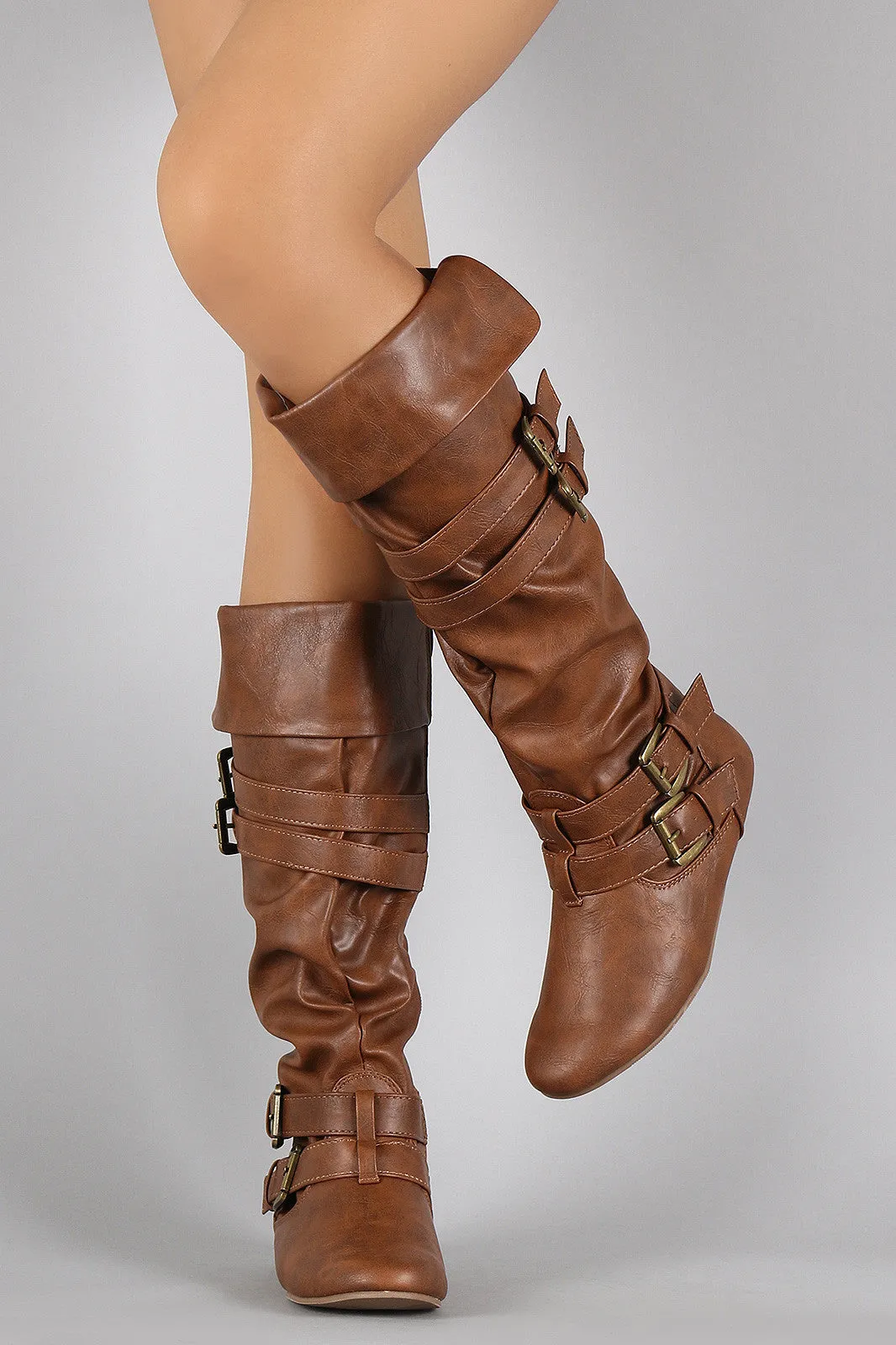 Belted Slouchy Vegan Leather Flat Knee High Boot