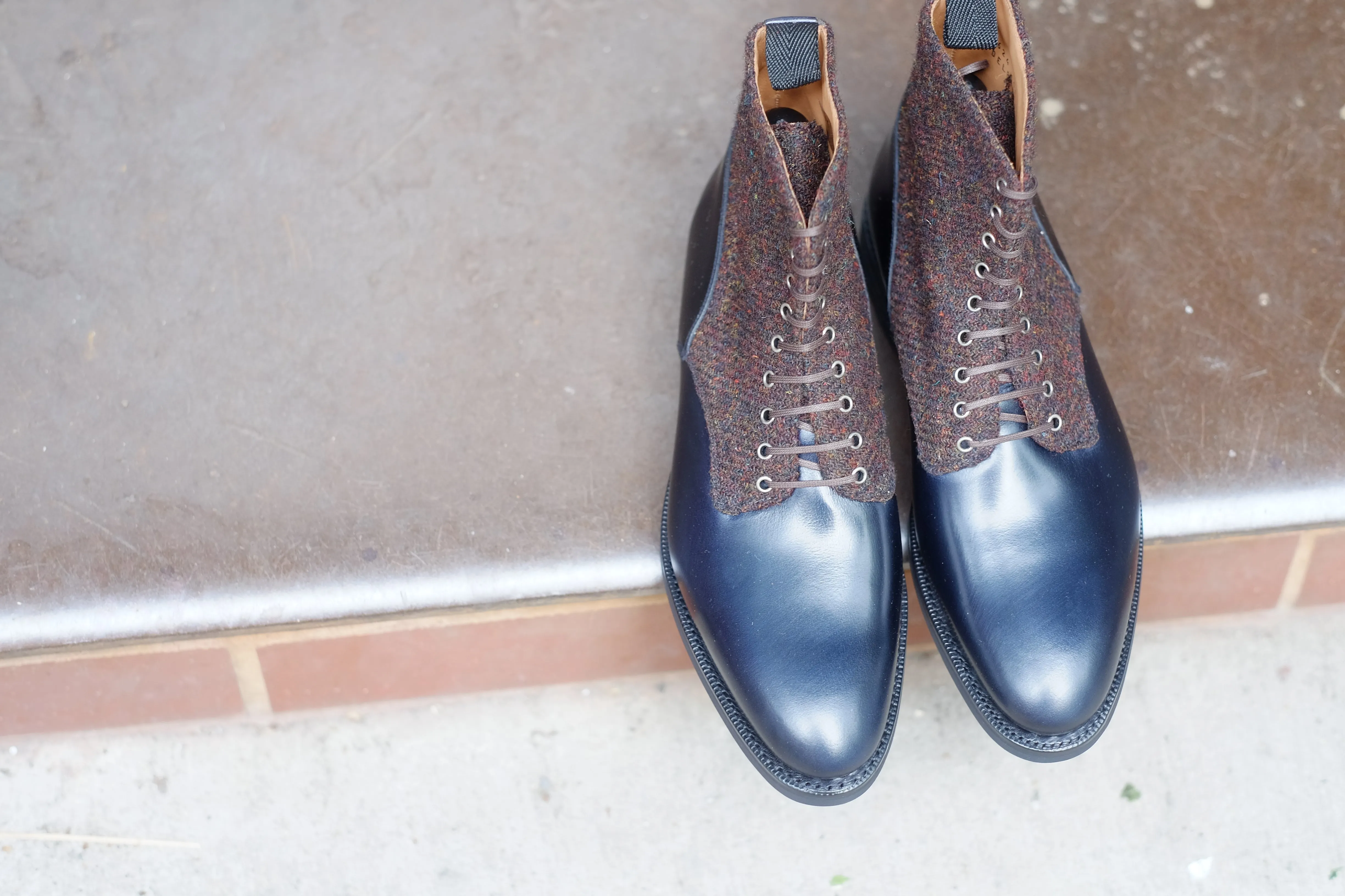 Blaine - MTO - Rugged Navy Calf / Burgundy Medley Tweed - Aged Silver Eyelets (No Speedhooks) - TMG Last - Rugged Rubber Sole