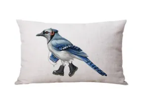 BLUE JAY THROW CUSHION WEARING BOOTS