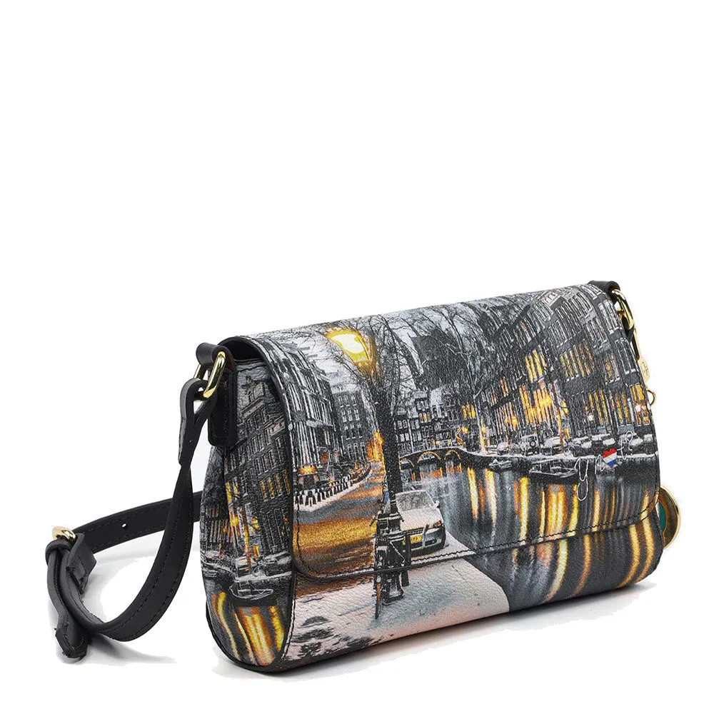 Borsa Donna a Tracolla Y NOT Chiusa Con Pattina YES-626 Stampa Amsterdam Snow