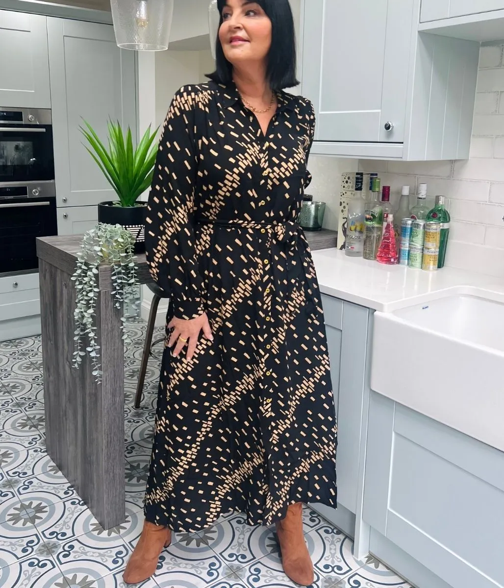 Camel Printed Midi Shirt Dress