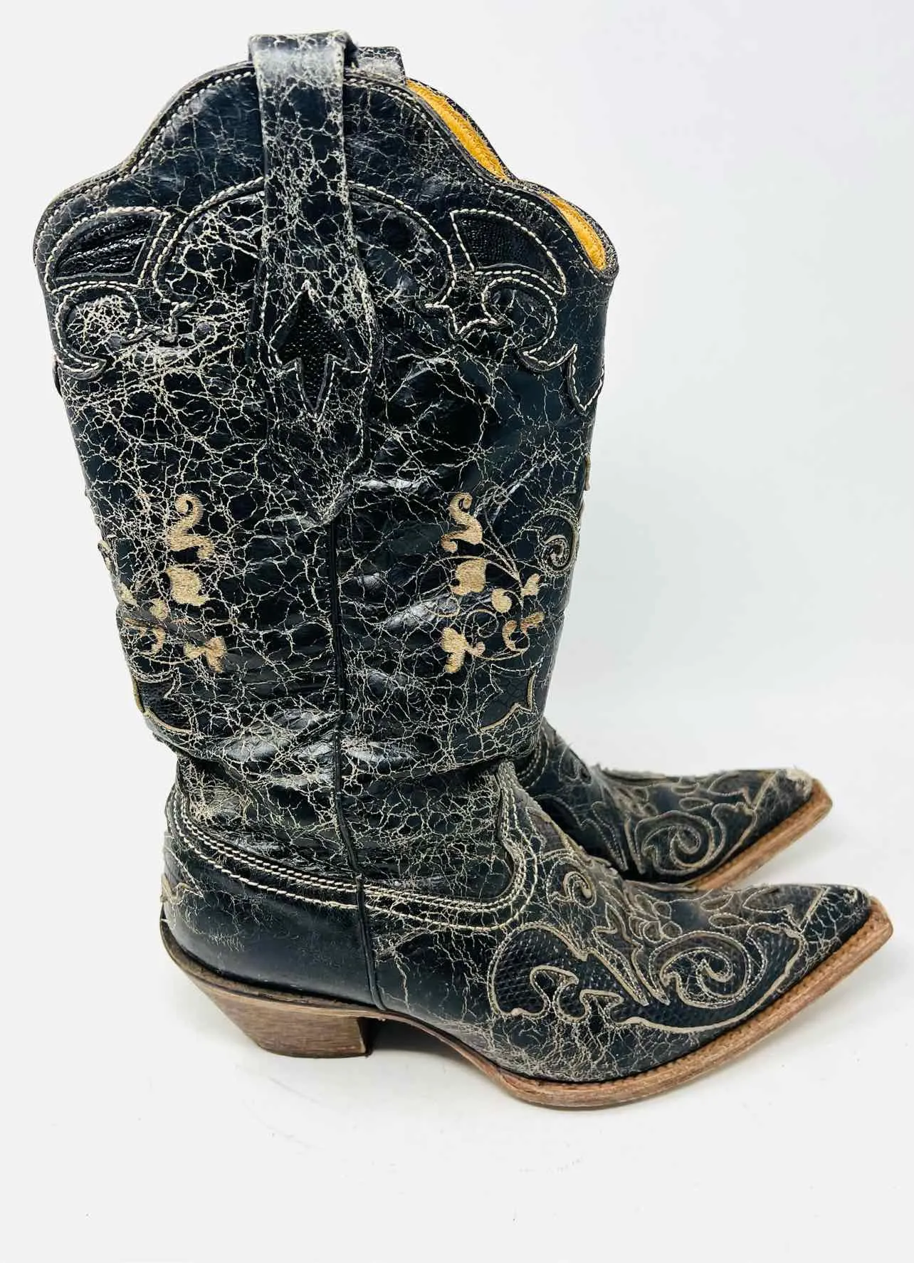 Corral Size 7.5 Black/Cream Crackle Leather W/ BOX!!! Shoes Boots