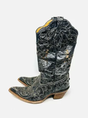 Corral Size 7.5 Black/Cream Crackle Leather W/ BOX!!! Shoes Boots