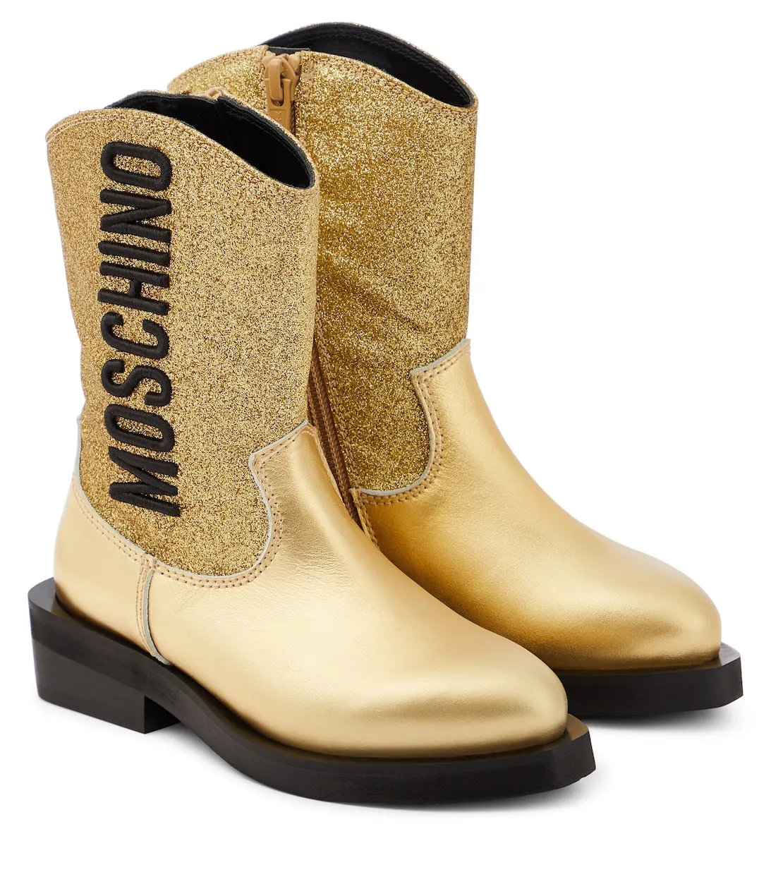 Cowboy boots in leather with glitter and Moschino logo, gold