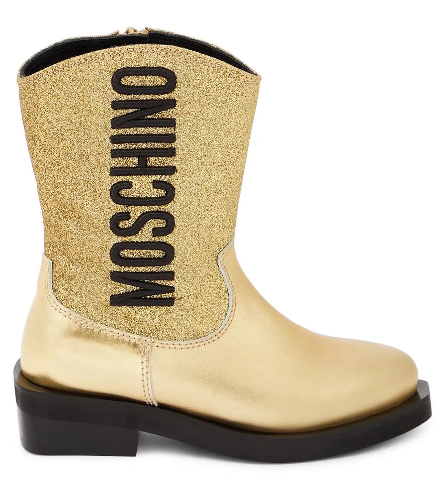 Cowboy boots in leather with glitter and Moschino logo, gold