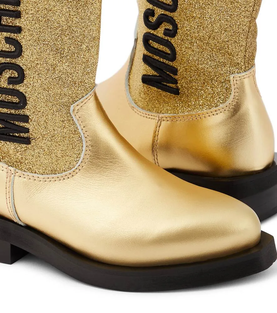 Cowboy boots in leather with glitter and Moschino logo, gold