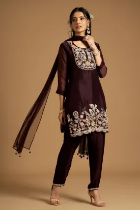 Dark Wine Organza Silk Embroidered Kurta Set