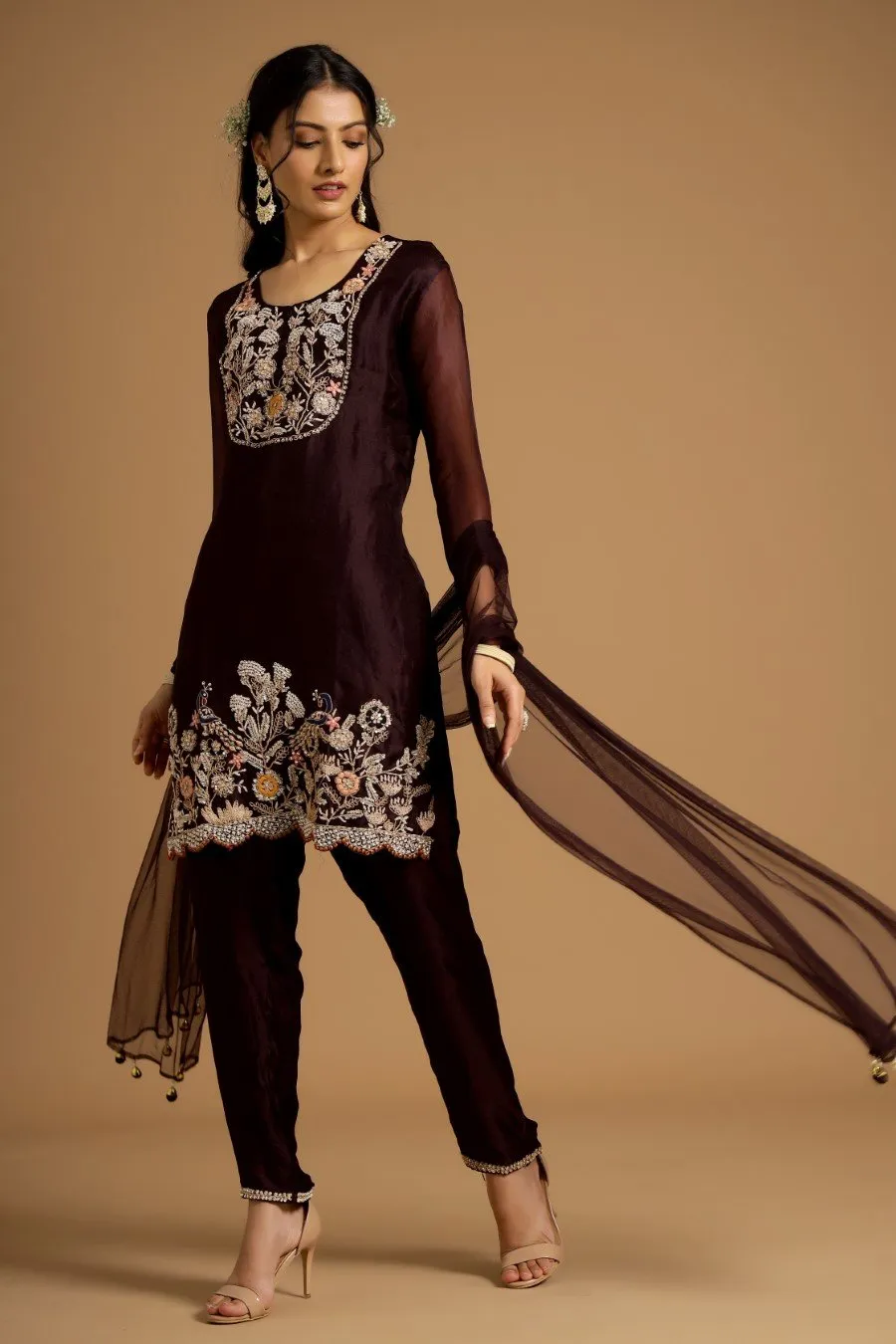 Dark Wine Organza Silk Embroidered Kurta Set