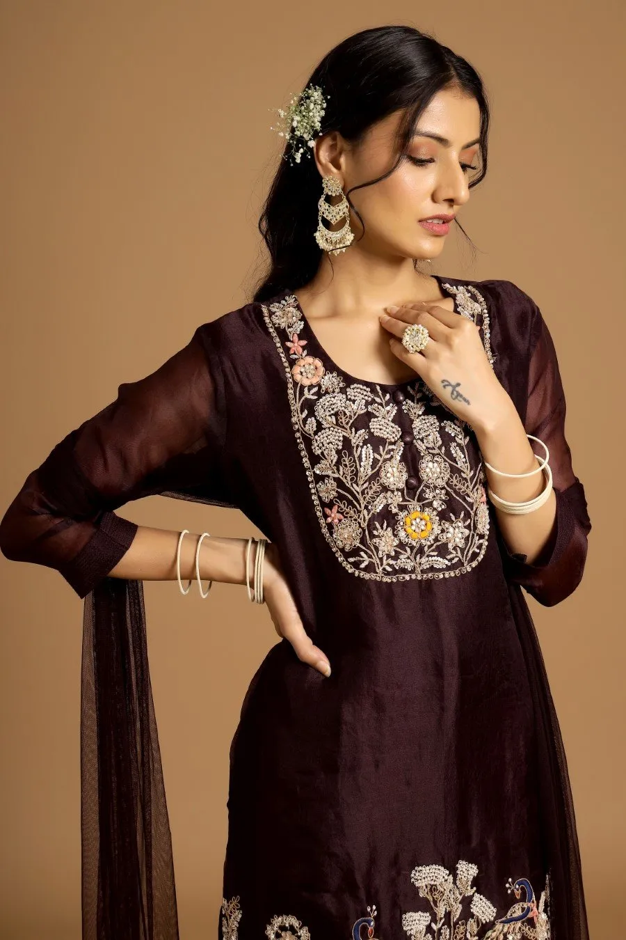 Dark Wine Organza Silk Embroidered Kurta Set