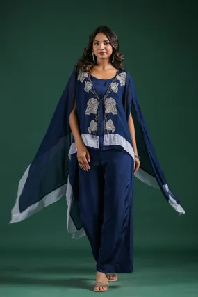 Deep Blue Embellised Organza Silk Cape Set