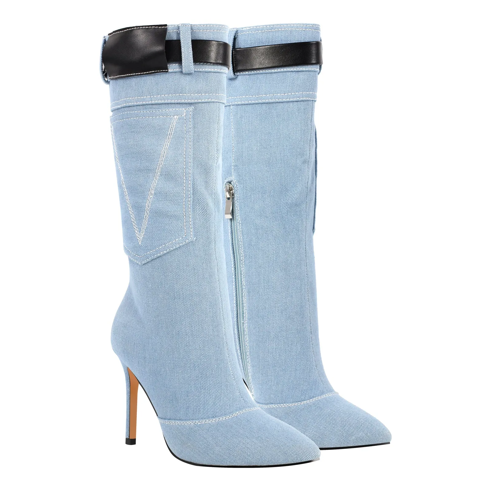 Denim Pointed Toe High Stiletto Boots