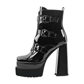 Double Platform Strap Buckle Ankle Boots