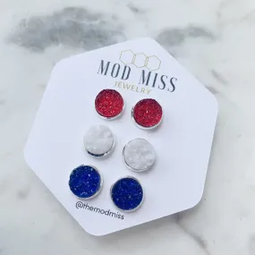 Druzy Stud Earring Set of 3 Red, White & Royal Blue in Silver Setting