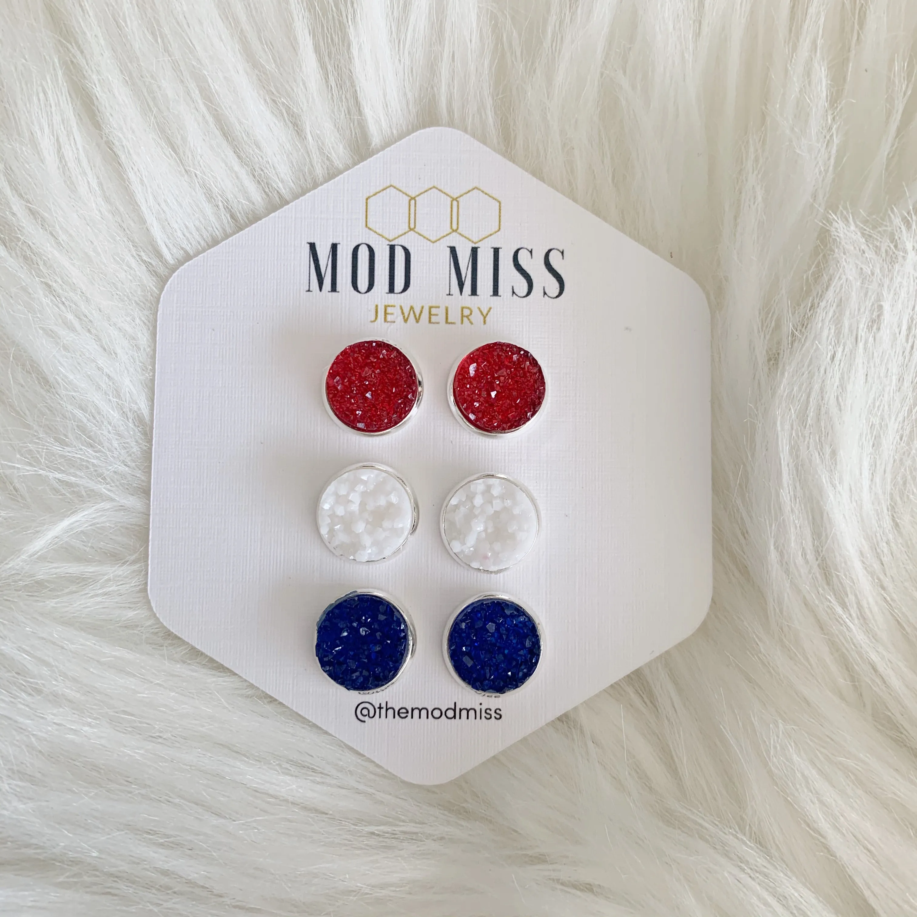 Druzy Stud Earring Set of 3 Red, White & Royal Blue in Silver Setting