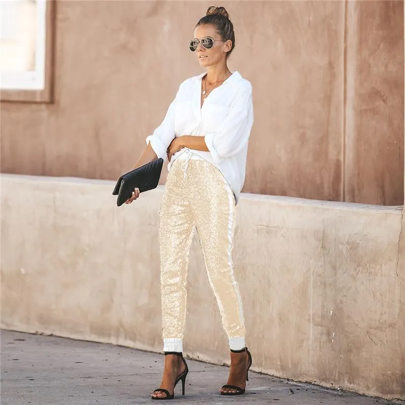 Elastic High Waist Leather Sequin Long Pencil Pants