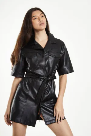 Glamorous Black Pu Shirt Dress with Tie Belt