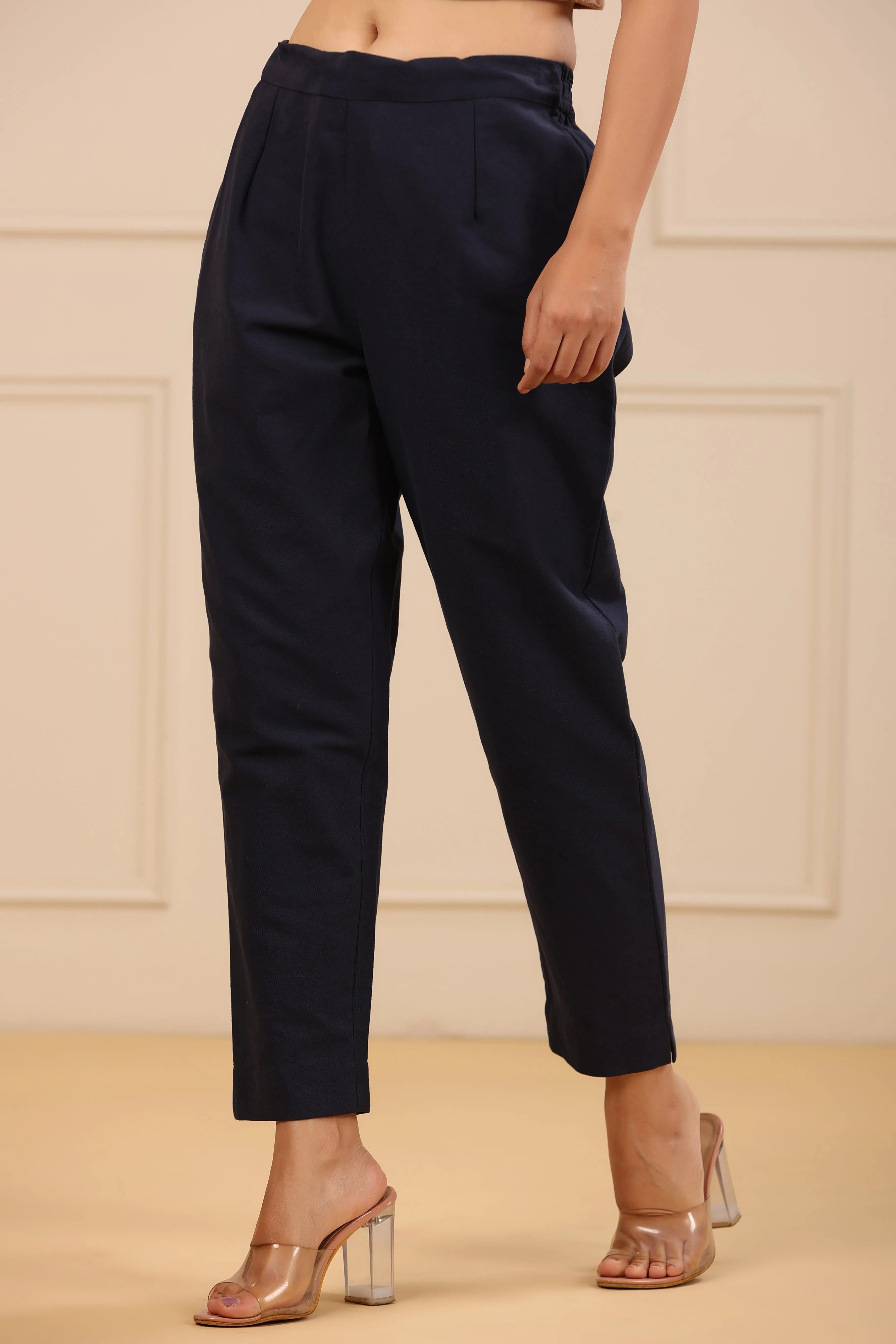 Juniper Navy Blue Cotton Solid Slim Fit Pants With Partially Elasticated Waistband