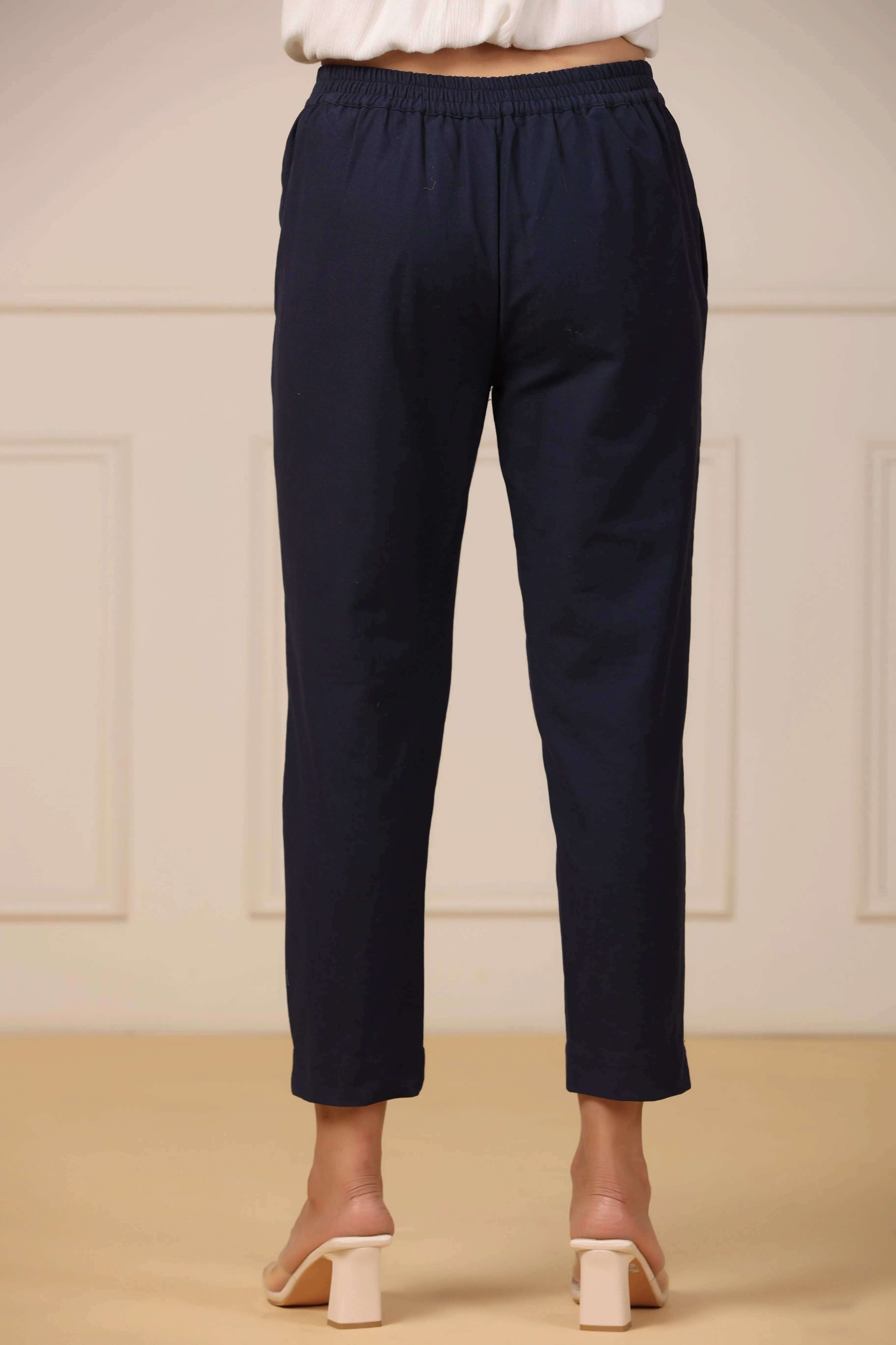 Juniper Navy Blue Cotton Solid Slim Fit Pants With Partially Elasticated Waistband