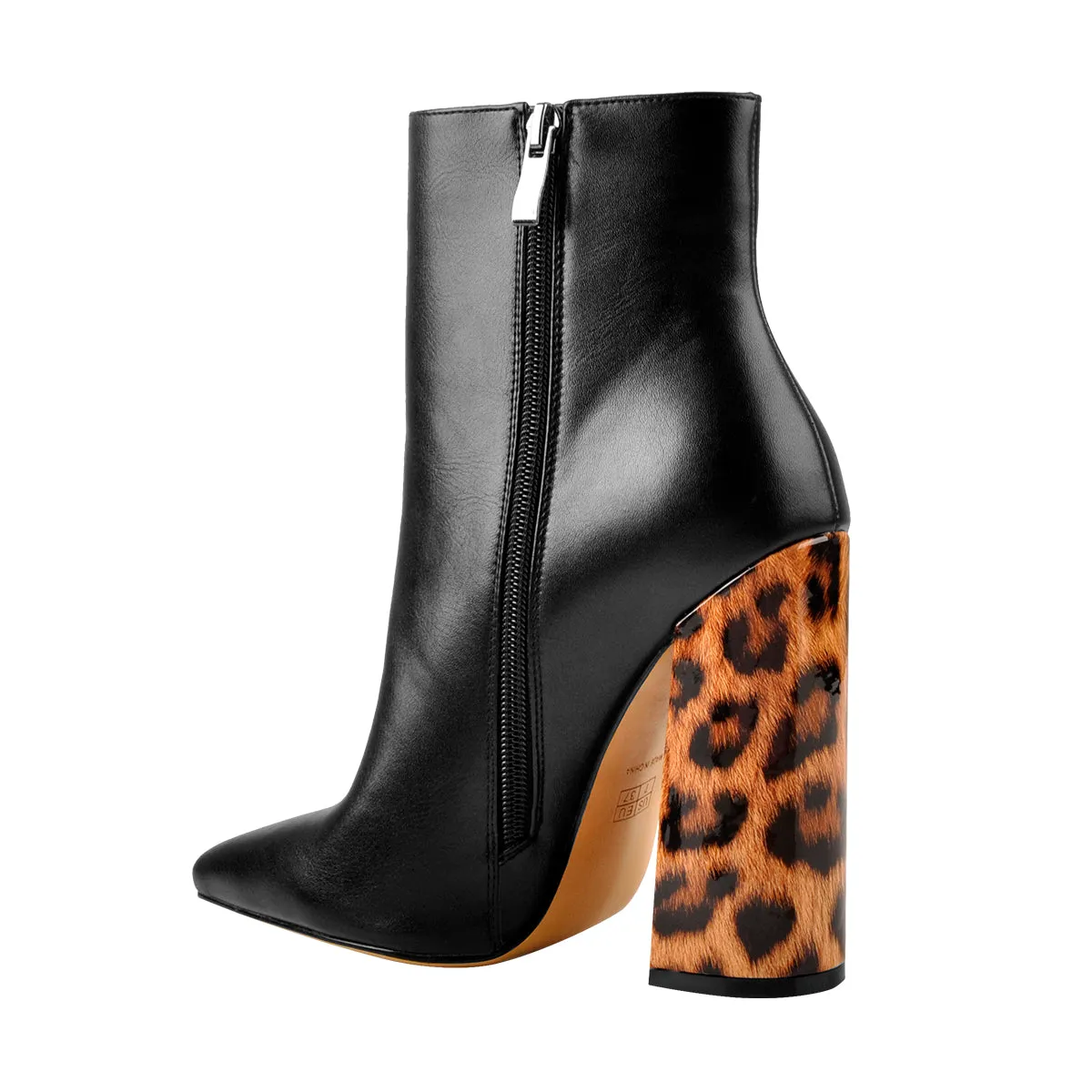 Matte Leather Pointed Toe Leopard Block Heels Ankle Boots