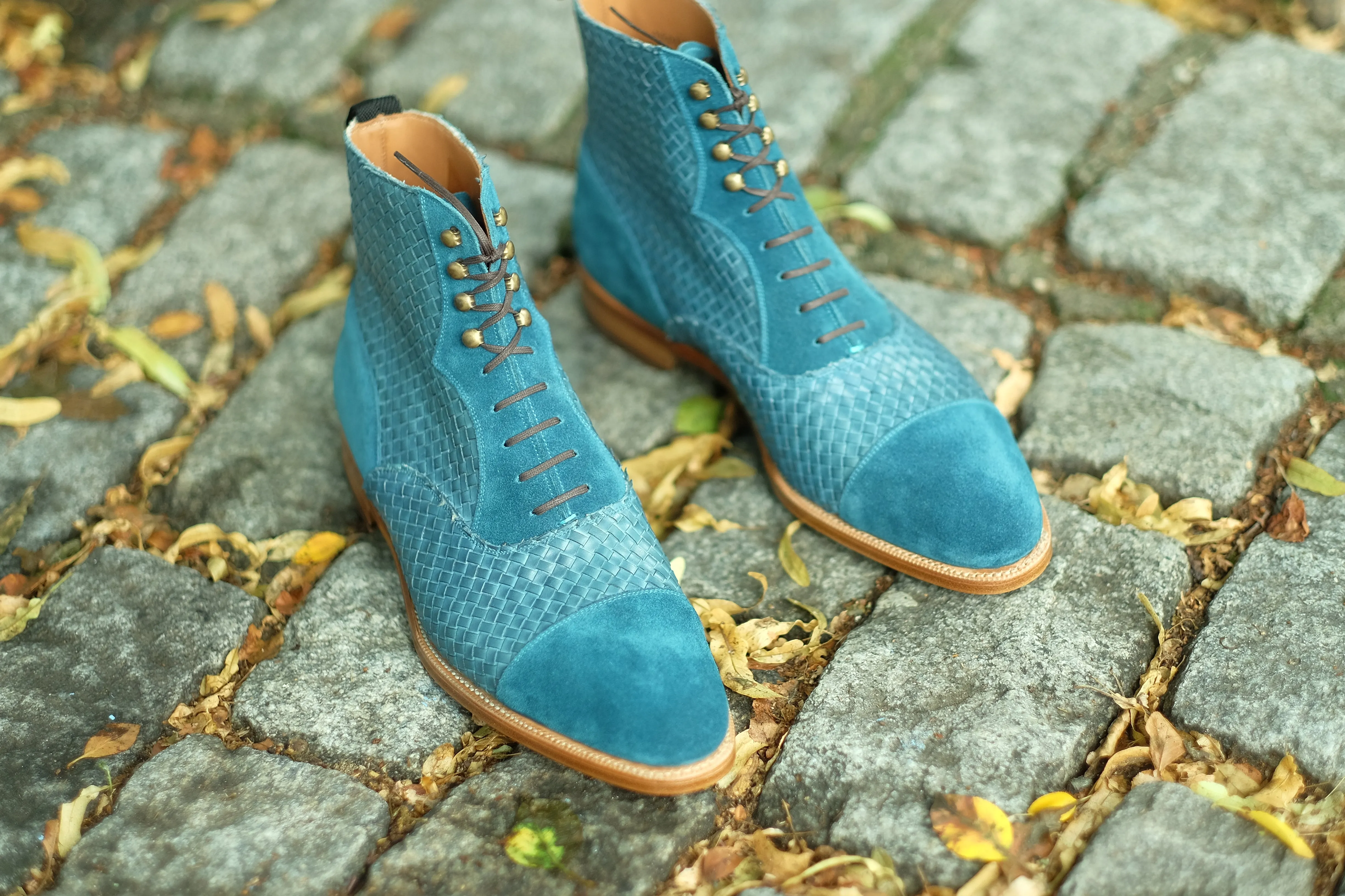 Meadowbrook - MTO - Teal Suede / Braided Teal Suede - TMG Last - Brass Hardware - Single Leather Sole