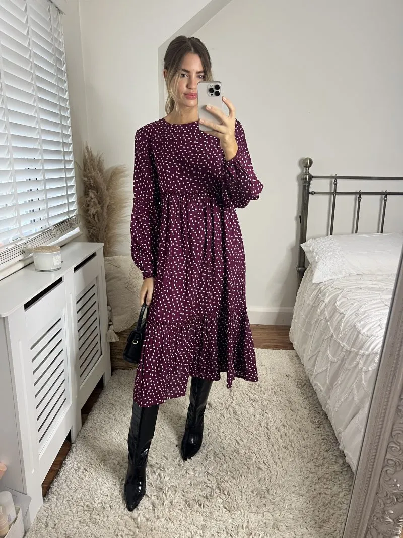 Slaytwins Astrid Polka Dot Print Midi Dress- Wine