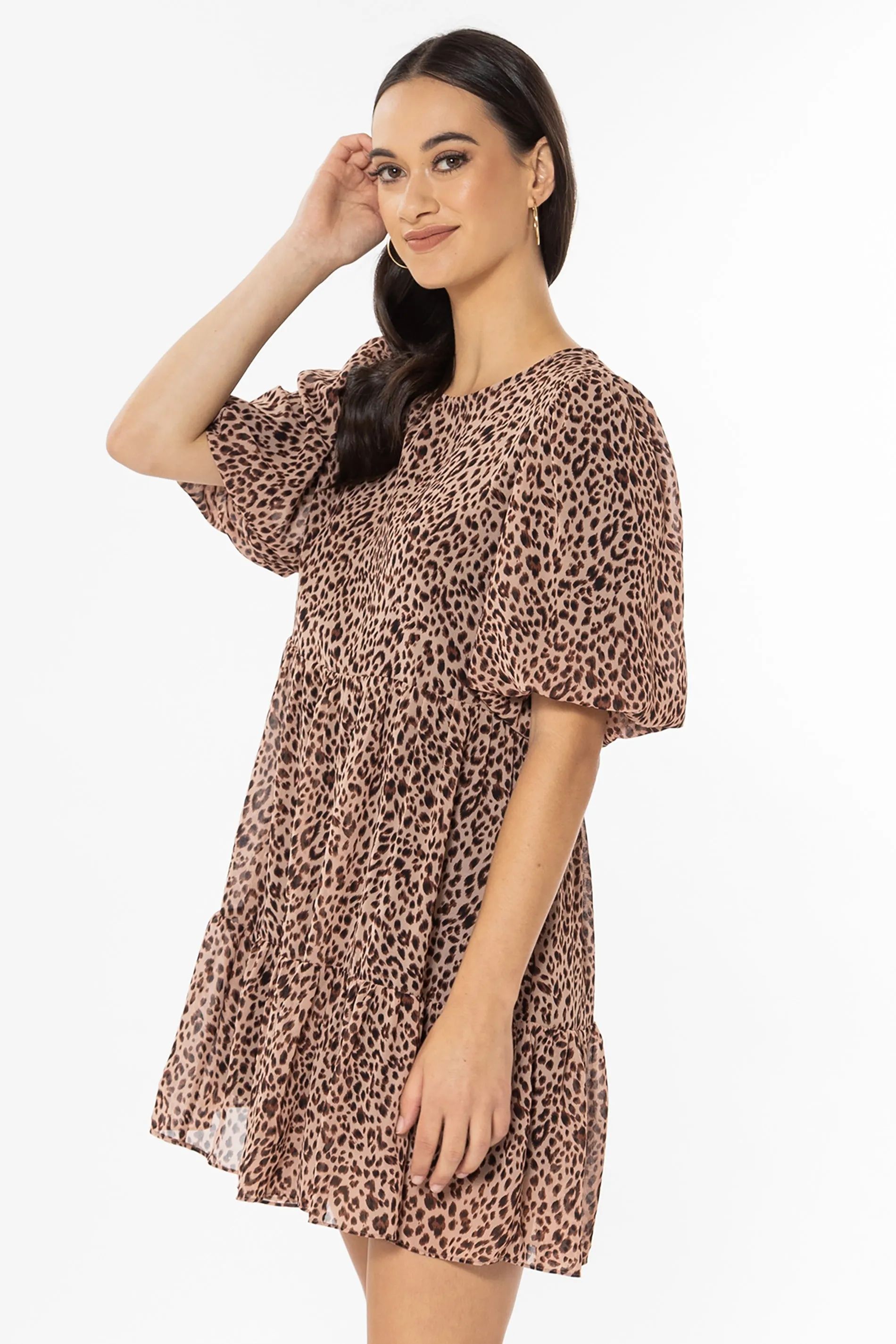 Thriving Peach Leopard Bubble Sleeve Smock Dress