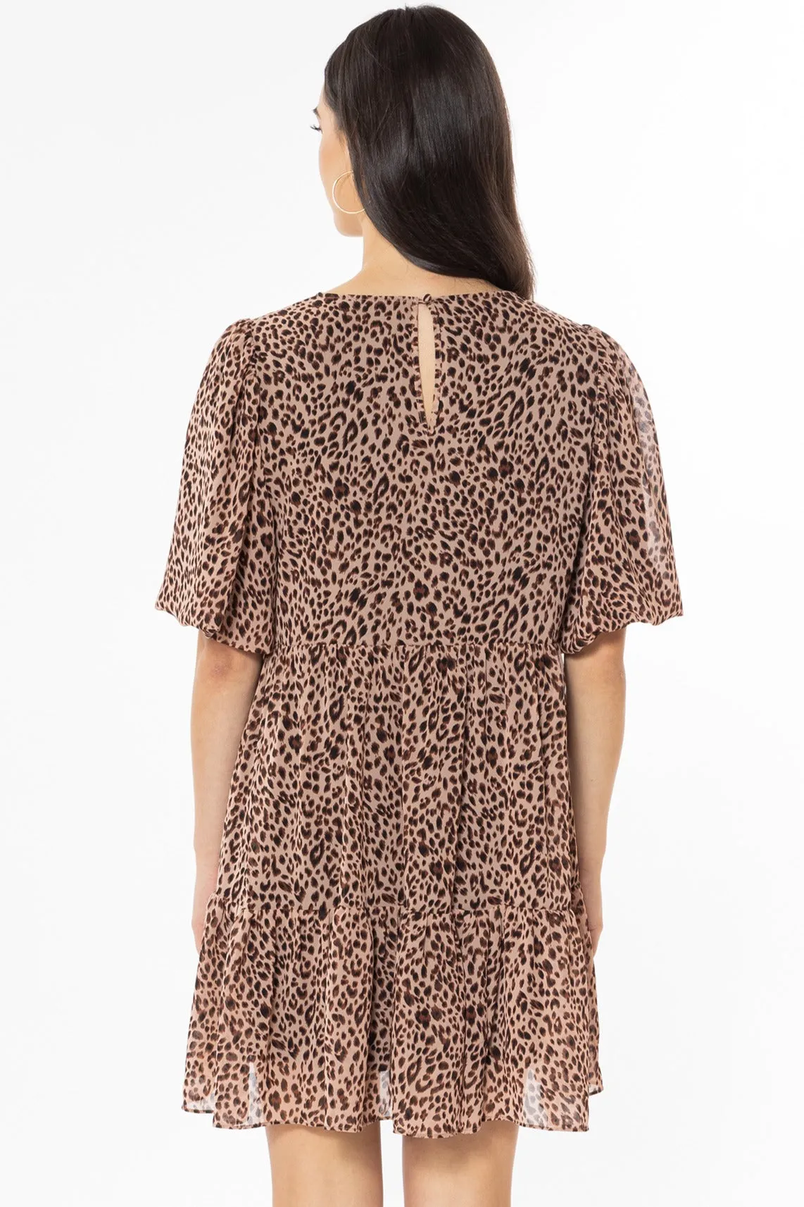 Thriving Peach Leopard Bubble Sleeve Smock Dress