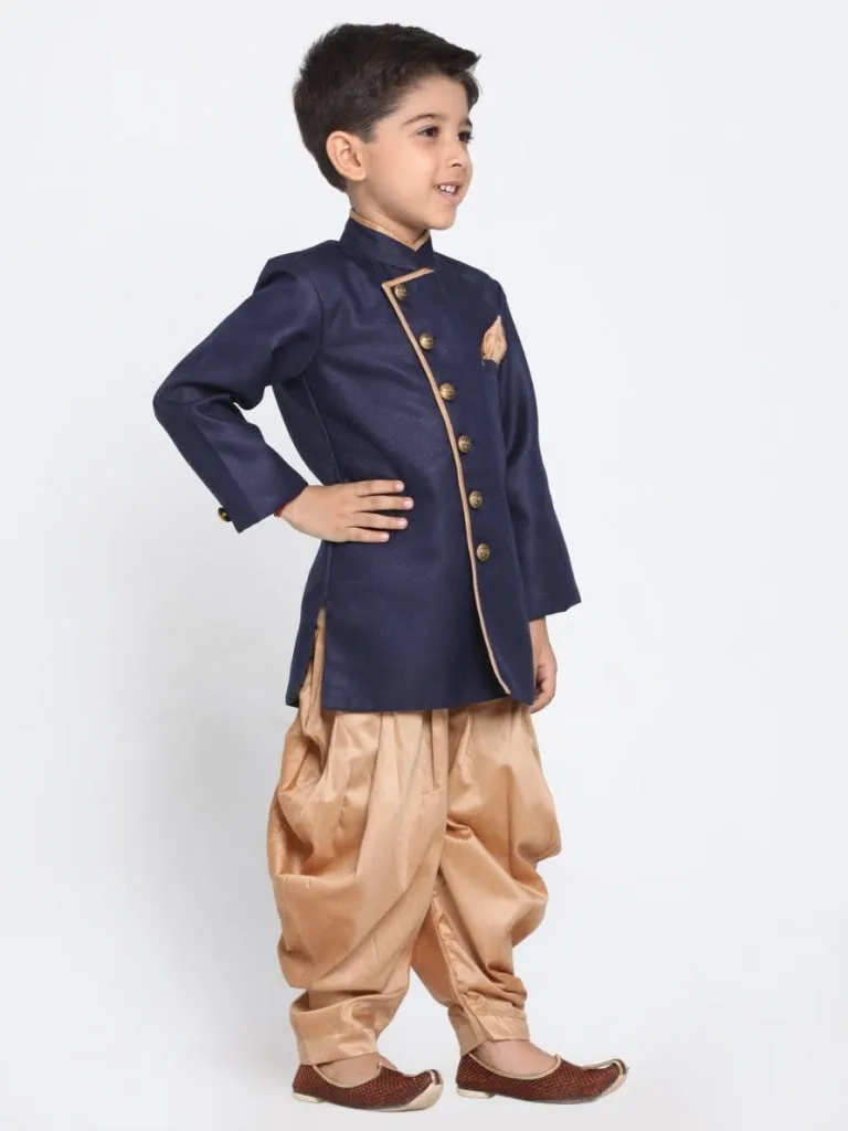 Vastramay Boy's Blue Jute Blend Sherwani Set