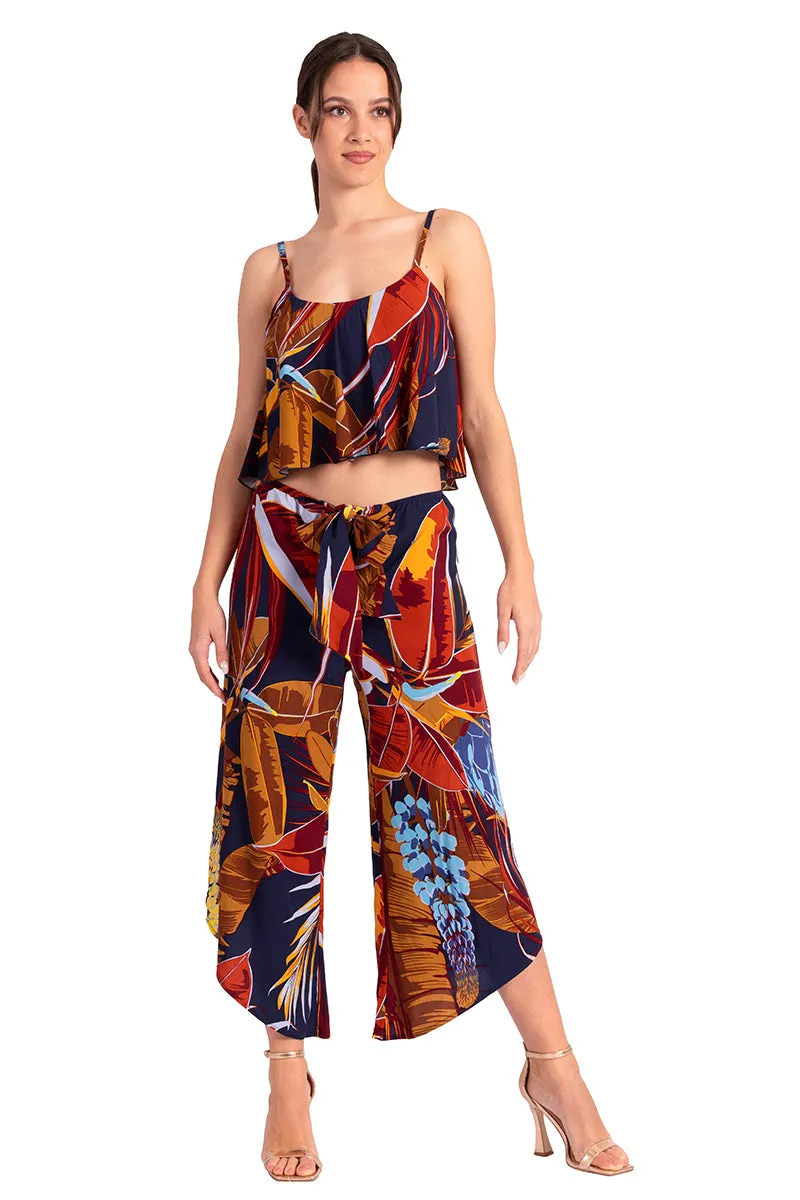 Waist Tie Sumer Print Asymmetric Cropped Tango Pants