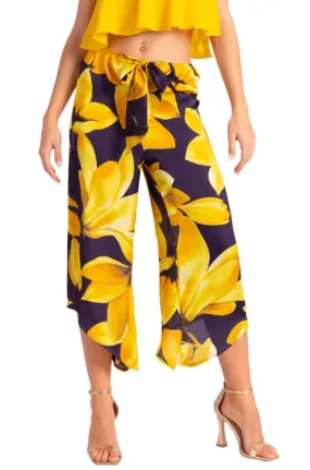 Waist Tie Yellow Floral Print Asymmetric Cropped Tango Pants